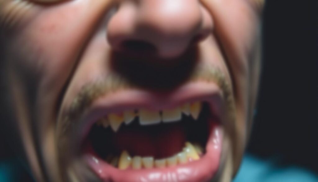 A blurred close-up of a person's mouth, gums, and teeth, highlighting the lack of dental plan coverage. The foreground features a troubled expression, with furrowed brows and a frown, conveying the distress and financial burden associated with dental care. The middle ground showcases a partially obscured dental x-ray or examination, hinting at the underlying dental issues. The background is dimly lit, creating a somber, pensive atmosphere that reflects the challenges of accessing adequate dental care without proper insurance. The lighting is soft and directional, emphasizing the textures and details of the mouth and gums. The overall composition evokes a sense of concern and the need for comprehensive dental plan coverage.