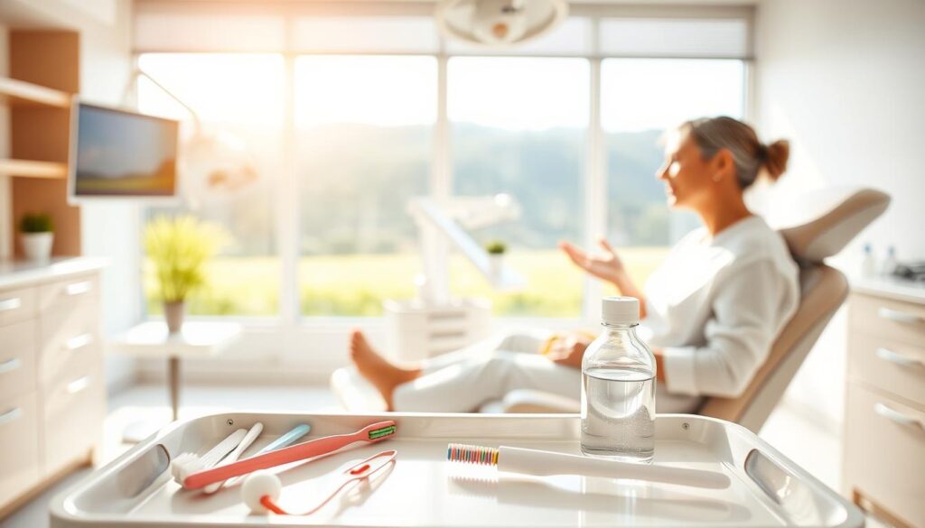 A bright, airy dental clinic interior with a patient relaxing in a comfortable chair. In the foreground, various dental hygiene tools and products are neatly arranged on a tray, including a toothbrush, floss, and a small bottle of mouthwash. The middle ground features a dentist or hygienist explaining post-cleaning care instructions to the patient, gesturing with calm, reassuring body language. The background showcases a large window overlooking a serene, natural landscape, filling the space with warm, diffused natural light. The overall mood is one of professionalism, education, and patient comfort.