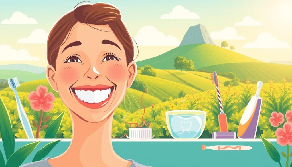 A bright, cheerful illustration depicting the health benefits of good oral hygiene. In the foreground, a smiling person with healthy, gleaming teeth. In the middle ground, various dental care items like toothbrushes, floss, and toothpaste. In the background, a vibrant, verdant landscape representing the connection between oral health and overall wellbeing. Warm, natural lighting casts a soft, inviting glow. The composition is balanced, with a sense of harmony and positivity. The image conveys the message that maintaining proper dental care leads to improved physical and mental health.
