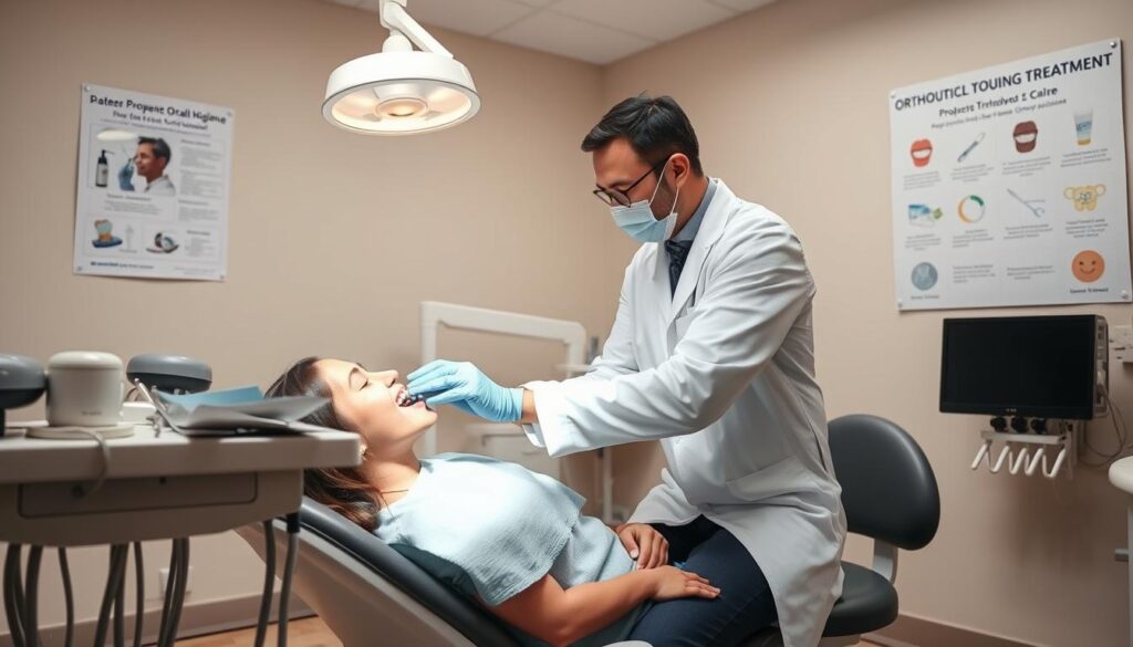A bright, well-lit dental clinic scene with a patient in an orthodontic chair receiving treatment. In the foreground, a dentist in a white coat carefully adjusting braces on the patient's teeth. On the side table, an array of dental tools and equipment. In the background, a poster on the wall detailing proper oral hygiene and care during orthodontic treatment. The overall atmosphere is calm, professional, and educational, conveying the importance of diligent self-care during the orthodontic process.