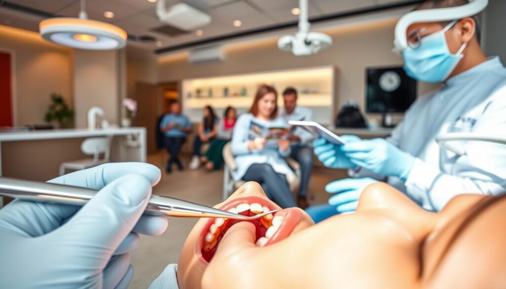 A bustling dental clinic, the foreground showcasing a variety of treatments - gleaming dental tools, a patient's open mouth receiving a filling, a dentist performing a teeth cleaning. In the middle ground, patients in the waiting area, browsing through dental health pamphlets. The background features a panoramic view of the clinic, with modern equipment, soothing lighting, and a warm, professional atmosphere. The scene conveys the reliable, high-quality dental care one would expect to find at a reputable practice, reflecting the article's focus on finding a dentist who provides excellent service.