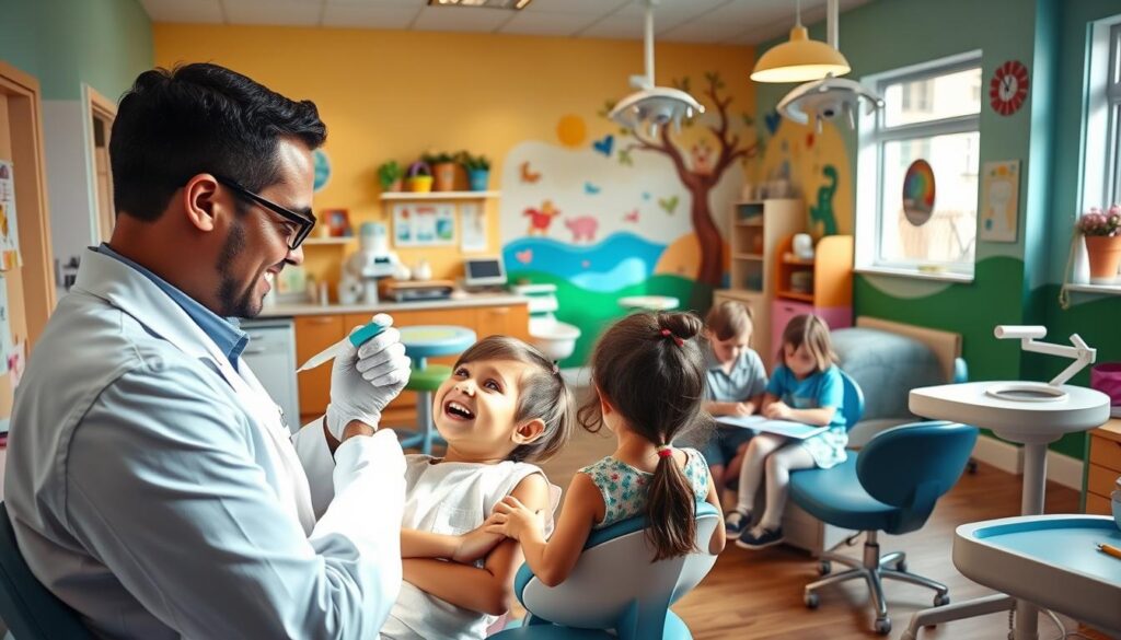 A cheerful pediatric dental office, filled with vibrant colors and engaging decor to put young patients at ease. In the foreground, a friendly dentist in a white coat examines the teeth of a smiling child, using age-appropriate tools and techniques. In the middle ground, a group of children participate in educational activities, learning about oral hygiene in a fun, interactive way. The background showcases whimsical murals, comfortable seating, and various dental equipment designed for small, curious hands. Warm, natural lighting creates a calming atmosphere, while the layout is thoughtfully organized to foster a positive, stress-free experience for children.