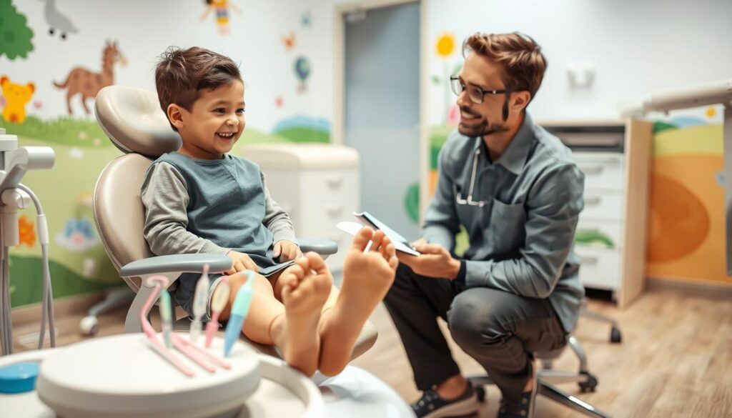A child-friendly dental consultation room, well-lit with warm tones. In the foreground, a smiling young patient sits comfortably on an adjustable chair, their feet dangling as they examine the friendly-looking dental instruments nearby. In the middle ground, a kind-faced pediatric dentist kneels down, making eye contact and explaining the process in a gentle, reassuring manner. The background features colorful, playful murals on the walls, creating a welcoming, non-threatening atmosphere to help ease the child's nerves. Soft, diffused lighting casts a calming glow throughout the scene, conveying a sense of care and comfort.