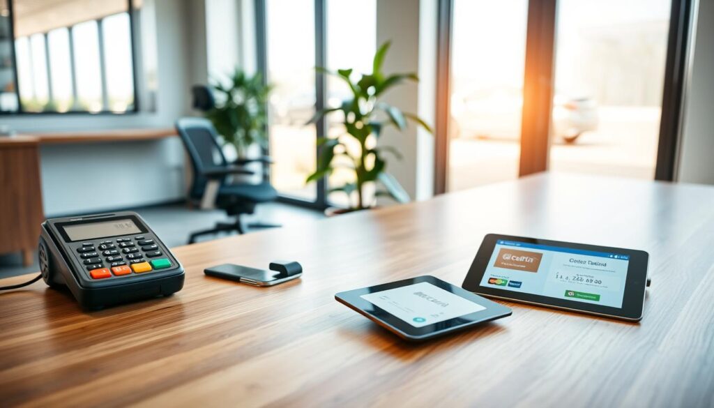 A clean, modern office interior with a large, wooden desk in the foreground. On the desk, there are various payment options displayed, including a credit card terminal, a contactless payment device, and a small tablet showcasing digital payment options. The middle ground features an ergonomic office chair and a potted plant, creating a professional yet welcoming atmosphere. The background includes floor-to-ceiling windows that let in natural light, casting a warm glow across the space. The overall scene conveys a sense of convenience, reliability, and patient-centered dental care.