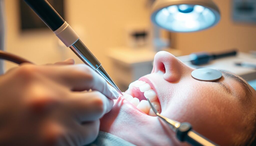 A close-up view of a dental procedure, showcasing the intricate process of applying resin veneers. The foreground features a dentist's gloved hands carefully sculpting and shaping the resin material onto the patient's teeth. The middle ground highlights the various tools and instruments used in the process, such as polishing discs and curing lights. The background is slightly blurred, creating a clinical yet warm atmosphere, emphasizing the focus on the delicate dental work. The lighting is bright and directional, casting subtle shadows and highlights to accentuate the texture and sheen of the resin material. The overall composition conveys the precision, expertise, and attention to detail required in the application of resin veneers.