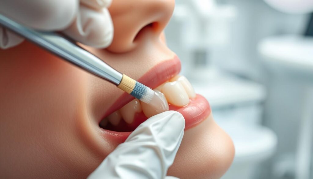 A close-up view of a dentist's hand carefully applying dental resin to a patient's tooth using a small brush, with the tooth surface in sharp focus. The resin glistens as it is smoothed evenly across the tooth's surface, creating a natural-looking, translucent finish. The background is blurred, but hints at the dental clinic setting, with clean, modern equipment and lighting. The scene conveys a sense of precision, care, and the technical expertise involved in the resin application process.