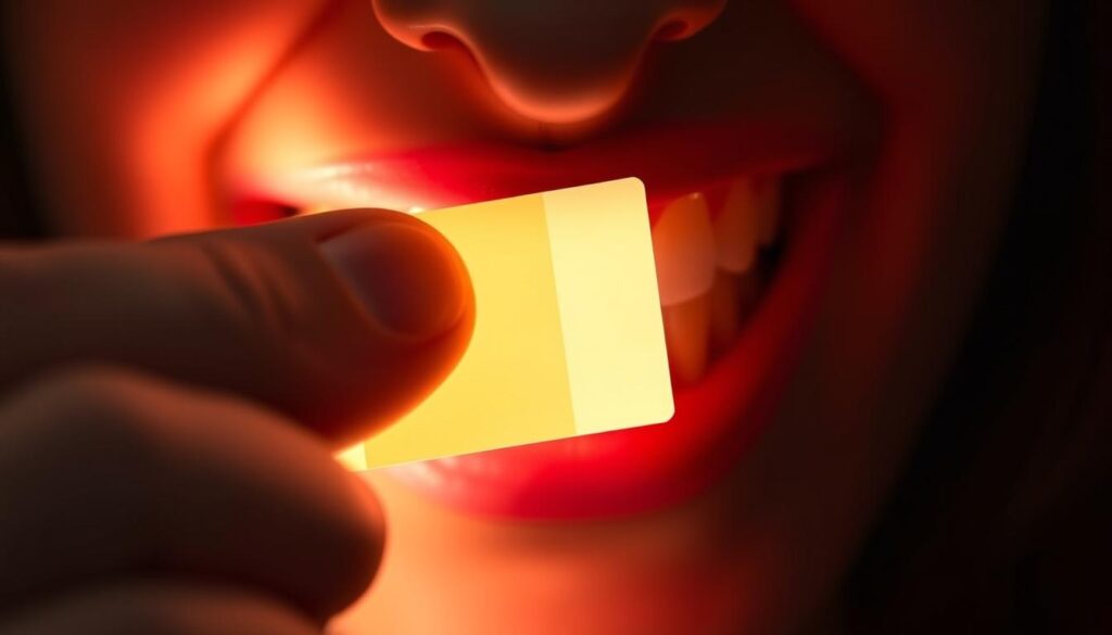 A close-up view of a dentist's hand holding a color swatch against a set of teeth, illuminated by a warm, focused light. The teeth are partially obscured, drawing the viewer's attention to the color selection process. The background is blurred, creating a sense of depth and emphasizing the importance of the color choice. The image conveys a sense of precision, care, and the professional decision-making involved in selecting the perfect resin veneer shade to match the patient's natural teeth.