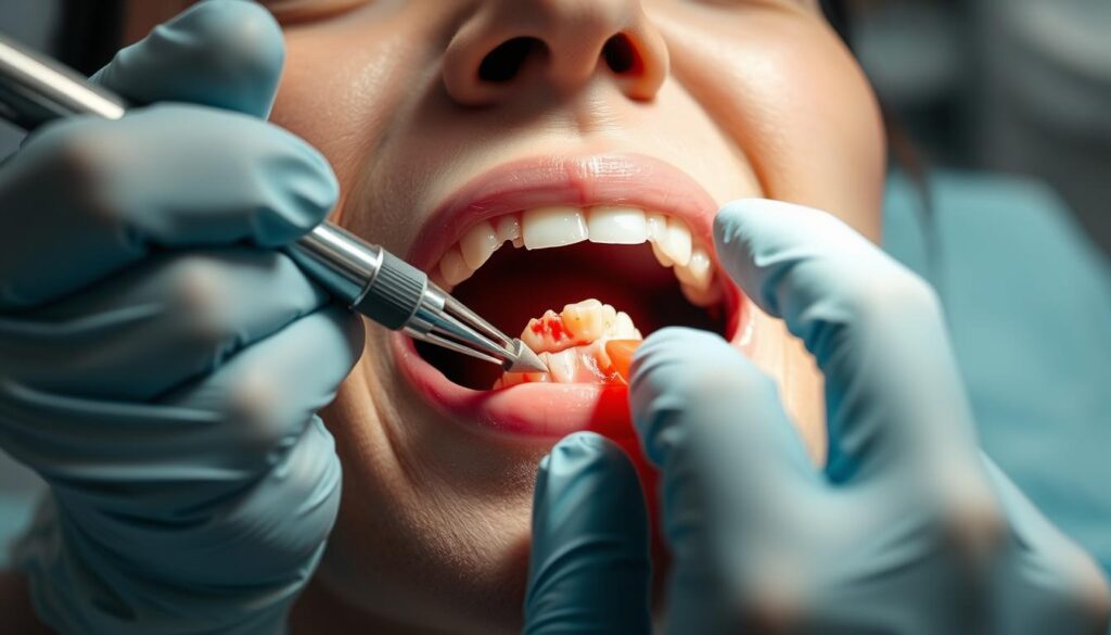 A close-up view of a dentist's hands performing various dental procedures on a patient's mouth. The foreground shows the dentist's gloved hands wielding dental tools such as a drill, mirror, and explorer, meticulously examining and treating a tooth with visible decay. The middle ground depicts the patient's partially open mouth, revealing the affected tooth. The background is blurred, creating a sense of focus on the delicate dental work. The lighting is soft and directional, highlighting the intricate details of the procedure. The overall mood is one of professionalism, precision, and the importance of proper dental care.