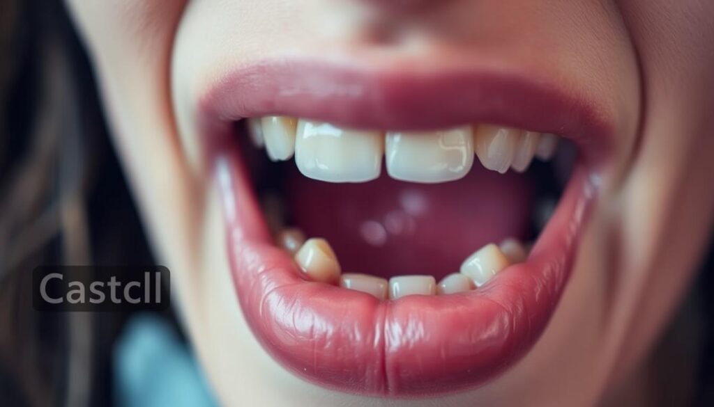 A close-up view of a human mouth, with the focus on the gums. The gums are slightly swollen and discolored, indicating a potential dental issue. The background is blurred, creating a sense of depth and emphasizing the gums. The lighting is soft and natural, highlighting the texture and details of the gums. The overall tone is clinical and neutral, conveying the medical nature of the subject. The image should provide a clear and detailed representation of the cost of gum surgery without dental insurance.