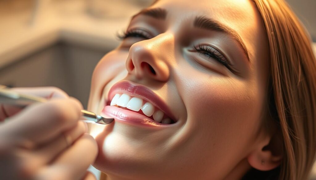 A close-up view of a woman's face, her eyes closed, as she undergoes a professional teeth whitening procedure. The scene is lit with soft, warm lighting, casting a gentle glow on her skin. The dentist's tools and equipment are visible in the foreground, suggesting a clinical yet serene atmosphere. The background is blurred, keeping the focus on the subject's face and the whitening process taking place. The image conveys a sense of relaxation and confidence, reflecting the comfort and care provided by a dental plan that covers cosmetic treatments like teeth whitening.