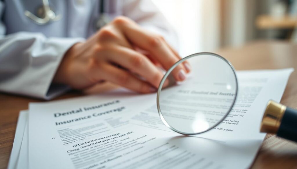 A close-up view of dental insurance coverage, depicting a magnifying glass examining a detailed contract document. The foreground features the insurance plan's fine print and coverage details, with a crisp, clean aesthetic. The middle ground showcases a healthcare professional's hands reviewing the paperwork, conveying the idea of diligent analysis. The background is blurred, creating a sense of focus on the key subject matter. The lighting is soft and directional, highlighting the textural elements of the documents. The overall mood is one of careful consideration and attention to detail, reflecting the importance of understanding dental insurance policies.