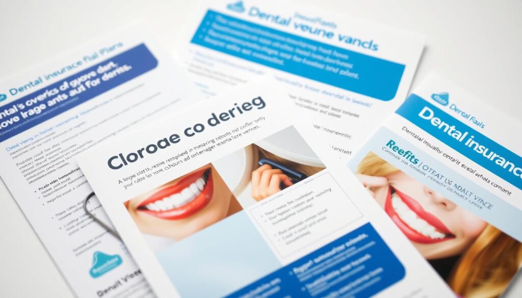 A close-up view of various dental insurance plan brochures and documents, arranged neatly on a clean, white background. The brochures prominently feature information about coverage for resin veneers, showcasing the benefits and details of this specific dental procedure. The lighting is soft and even, highlighting the clarity and legibility of the printed materials. The composition emphasizes the importance of understanding the coverage provided by different dental plans when considering resin veneers as a cosmetic dental treatment option.