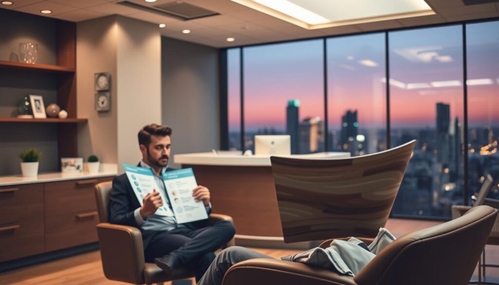 A contemporary dental office interior, dimly lit with warm tones and clean lines. In the foreground, a well-dressed person sits in a comfortable chair, deep in thought as they review informational brochures on various dental insurance plan options. The middle ground features a reception desk staffed by a friendly, approachable dental professional, guiding the patient through the decision-making process. The background showcases a panoramic view of the city skyline, conveying a sense of trust, expertise, and the importance of selecting the right dental plan to meet one's specific needs.