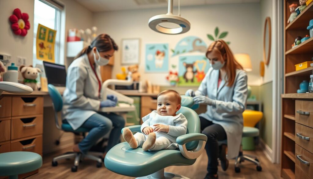 A cozy and inviting pediatric dental office, with a child-friendly atmosphere. In the foreground, a young baby sits in a miniature dental chair, surrounded by gentle and attentive dental staff, who guide the child through a gentle, age-appropriate check-up. The middle ground features colorful, whimsical decor, including plush toys, educational posters, and a mural depicting friendly animal characters. The background showcases a warm, natural lighting, creating a calming and nurturing environment. The scene conveys the importance of early dental care and the comfort and trust that a well-designed pediatric dental space can provide.