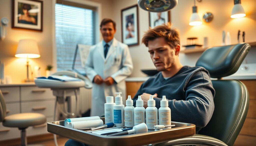 A cozy dental office, bathed in warm, inviting lighting. In the foreground, a patient sitting in a reclined chair, brow furrowed, deep in thought about their dental health concerns. Arrayed on a tray beside them, a selection of dental tools and products, including various whitening solutions. In the middle ground, a dentist standing nearby, their expression calm and reassuring, ready to address the patient's questions. The background features tasteful medical decor, subtly hinting at the expertise and professionalism of the practice. An atmosphere of trust and open communication pervades the scene, setting the stage for a productive discussion about the nuances of teeth whitening.