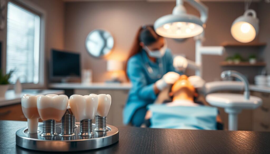 A dental office setting with a warm, welcoming atmosphere. In the foreground, a set of dental implants or veneers, showcasing their natural, aesthetically-pleasing appearance. In the middle ground, a dentist or dental hygienist carefully examining a patient's teeth, highlighting the benefits of contact lenses for dental enhancement. The background features modern, state-of-the-art dental equipment and decor, conveying a sense of professionalism and advanced dental care. Soft, directional lighting illuminates the scene, creating a soothing and inviting ambiance. The overall composition emphasizes the comfort, confidence, and improved appearance that dental contact lenses can provide.