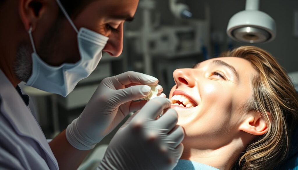 A dentist's hand carefully adjusting a custom-fitted dental splint on a patient's teeth, with a warm, focused expression. The treatment room is bathed in soft, directional lighting, highlighting the precise movements and the patient's relaxed countenance. In the background, medical instruments and equipment suggest a professional, clinical setting dedicated to addressing the issue of bruxism. The scene conveys a sense of care, expertise, and the importance of this specialized dental treatment.