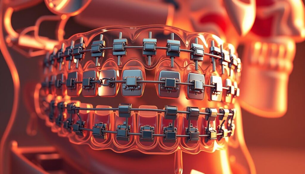A detailed 3D medical illustration showcasing the inner workings of orthodontic appliances. The foreground depicts the intricate metal framework of braces, wires, and brackets mounted on a set of teeth. The middle ground reveals the complex mechanisms that apply gentle, continuous pressure to gradually realign the teeth. The background features a softly blurred anatomy of the jaw, with the bone structure and musculature visible. Warm, directional lighting casts subtle shadows, highlighting the mechanical components. The overall mood is one of technical precision and functional elegance, conveying a sense of the specialized engineering behind orthodontic treatments.