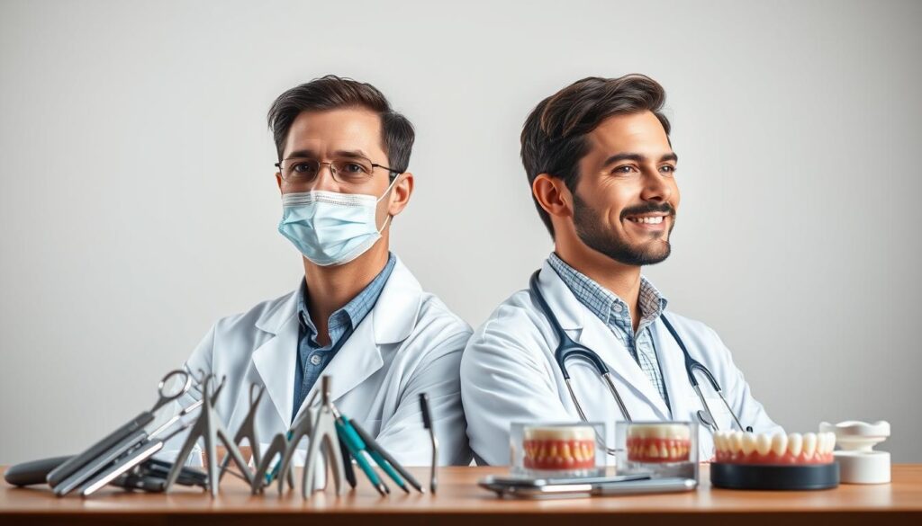 A detailed comparison of a dentist and an orthodontist, set against a clean, minimalist background. In the foreground, meticulously rendered dental tools and orthodontic appliances, illustrating the distinct specialties. The middle ground features two side-by-side, well-lit portraits - a dentist in a crisp white coat, and an orthodontist in a lab coat, each with a thoughtful, professional expression. The background is a softly blurred, muted color palette, creating a sense of focus on the central subjects. Balanced lighting and angles highlight the nuanced differences between these dental healthcare providers.