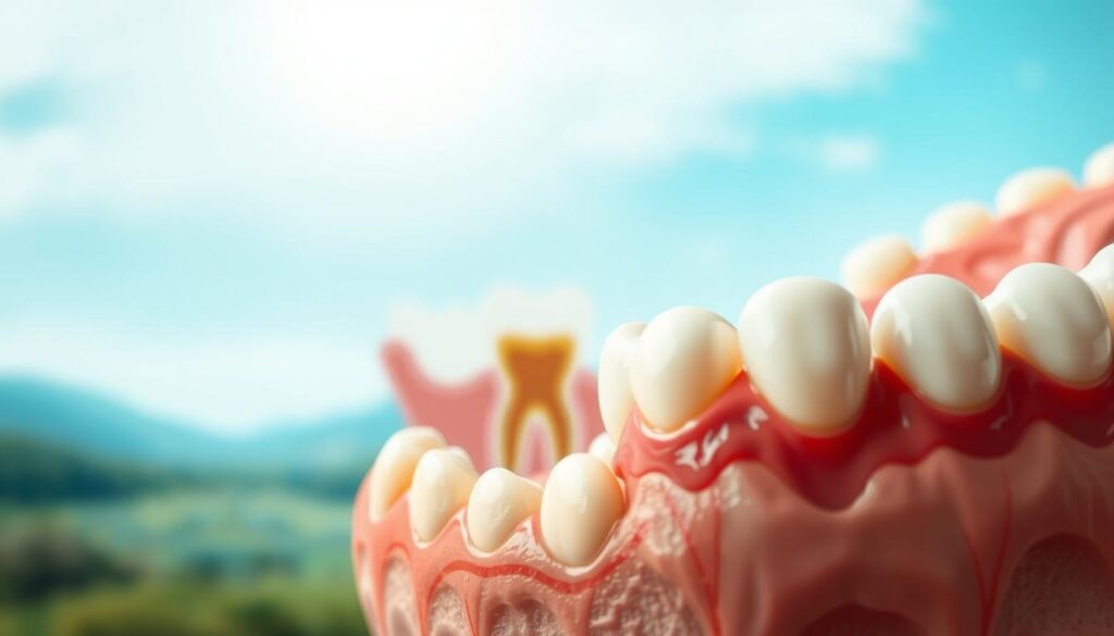 A detailed dental anatomy illustration showcasing the importance of oral health. In the foreground, a close-up view of a set of healthy teeth and gums, meticulously rendered with attention to textures and shading. In the middle ground, a cross-section of the mouth revealing the inner structures, such as the roots, nerves, and supporting bone. In the background, a soft, blurred landscape representing the interconnectedness of oral health with overall well-being. The lighting is soft and evenly distributed, creating a serene, educational atmosphere. The perspective is slightly elevated, giving the viewer a sense of understanding and insight into the complexities of the oral cavity.