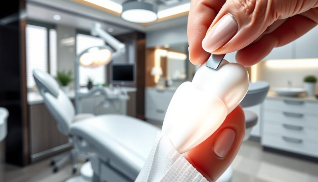A detailed dental plan illustration depicting a porcelain veneer procedure. In the foreground, a close-up view of a pristine, luminous porcelain tooth veneer reflecting the clinic's bright lighting. In the middle ground, a dental professional's hand skillfully applying the veneer to a patient's tooth. The background showcases a modern, well-equipped dental clinic interior with sleek, minimalist decor, suggesting a high-quality, premium dental care environment. The overall scene conveys a sense of professionalism, precision, and the transformative power of porcelain veneers as part of a comprehensive dental plan coverage.
