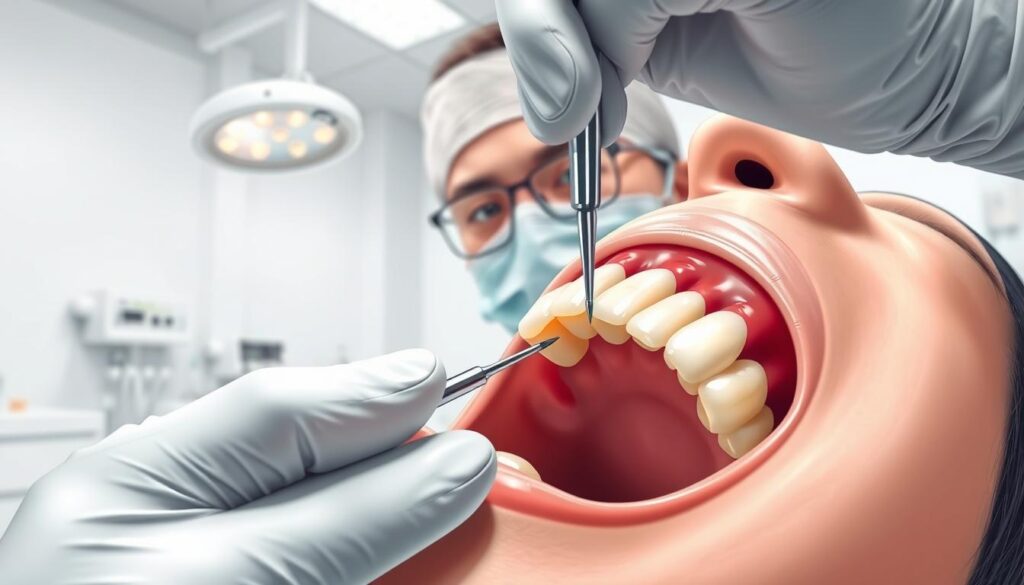 A detailed illustration of a dental surgery to extract a wisdom tooth (siso). The foreground shows a patient's open mouth, teeth clearly visible, with a dentist's gloved hands performing the extraction using specialized tools. The middle ground depicts the dentist's face, focused and professional, with a surgical mask and overhead lighting. The background is a clean, sterile medical environment with white walls and equipment. The scene conveys a sense of clinical precision, with a calm, reassuring atmosphere to put the patient at ease during this common but important dental procedure.