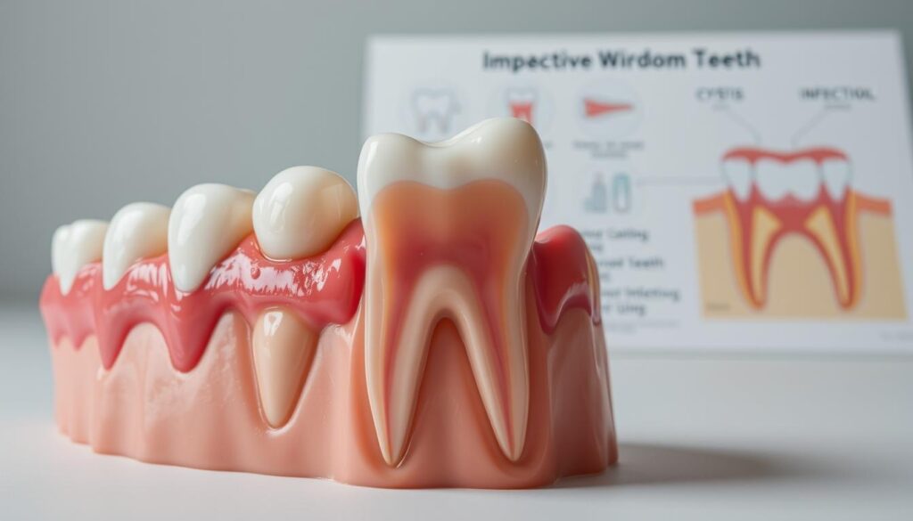 A detailed illustration of common problems associated with wisdom teeth (third molars). The foreground depicts a set of partially erupted wisdom teeth, with visible impaction, inflammation, and crowding. The middle ground showcases a close-up view of a partially impacted wisdom tooth, highlighting the potential for damage to adjacent teeth and gum tissue. The background features a schematic diagram outlining other common issues, such as cysts, infections, and difficulties with cleaning. The lighting is soft and diffused, creating a clinical yet informative atmosphere. The angle and composition emphasize the technical and medical nature of the subject matter.