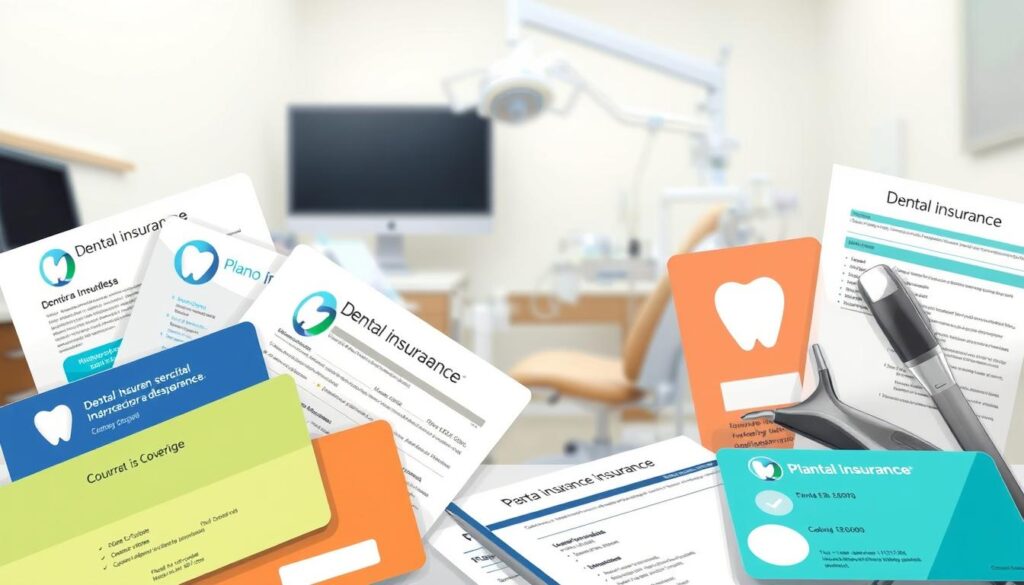 A detailed illustration of various dental insurance plans, portrayed in a clean and professional style. The foreground showcases different insurance cards and plan documents, showcasing their logos, coverage details, and plan names like "Plano Cobre". The middle ground depicts dental equipment and tools, hinting at the medical services covered. The background features a muted, blurred scene of a dentist's office, with neutral tones and subtle lighting to create a calm, authoritative atmosphere. The overall composition conveys the comprehensive nature of dental insurance plans and their role in enabling crucial dental procedures like gengivoplastia.