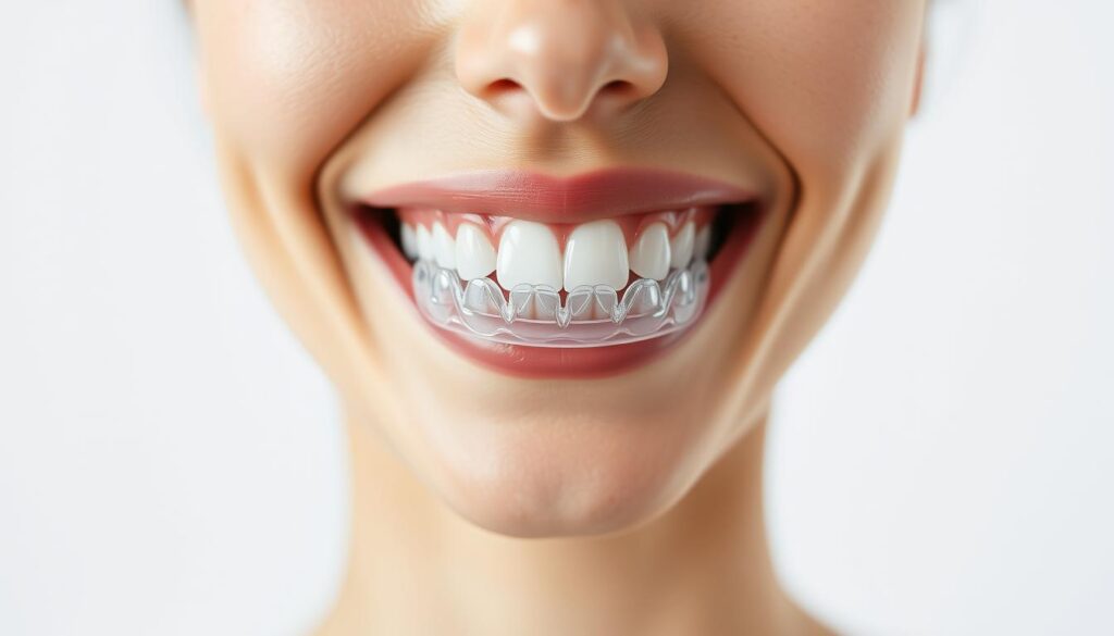 A discreet and barely visible teeth alignment device floats against a clean, bright backdrop. The transparent plastic trays blend seamlessly with the model's teeth, creating an almost undetectable appearance. Soft, diffused lighting from the sides gently accentuates the contours of the individual tooth aligners. The overall scene conveys a sense of modern, minimalist elegance and the advanced, inconspicuous nature of this innovative orthodontic treatment.