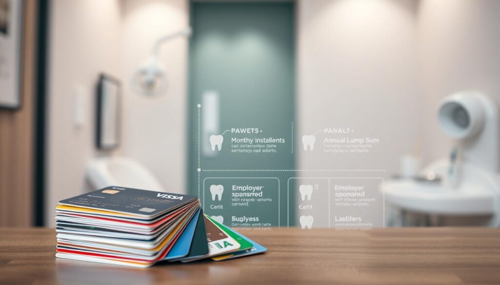 A high-quality dental insurance plan with various payment options, showcased in a clean, professional layout. In the foreground, a stack of different payment cards, including credit, debit, and healthcare cards, neatly arranged against a soft, blurred background. The middle ground features a detailed infographic highlighting the various payment methods, such as monthly installments, annual lump sum, and employer-sponsored plans, all presented in a visually appealing manner. The background incorporates a subtle, calming dental clinic interior, with subtle textures and muted colors that complement the overall composition. The lighting is soft and even, creating a sense of harmony and professionalism. The overall mood is one of trust, reliability, and attention to detail, reflecting the importance of dental health coverage.