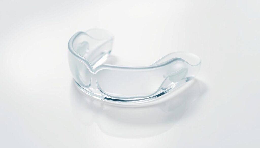 A high-quality dental mouthguard lying on a clean, white surface, capturing the therapeutic nature of this bruxism treatment. The device is made of transparent, durable material and has a custom, ergonomic design to comfortably fit the user's teeth. Soft, diffused lighting from the side creates a calming, clinical atmosphere, highlighting the mouthguard's smooth, polished texture. The composition emphasizes the mouthguard's function as a muscle-relaxing solution, conveying its effectiveness in addressing the issue of bruxism.