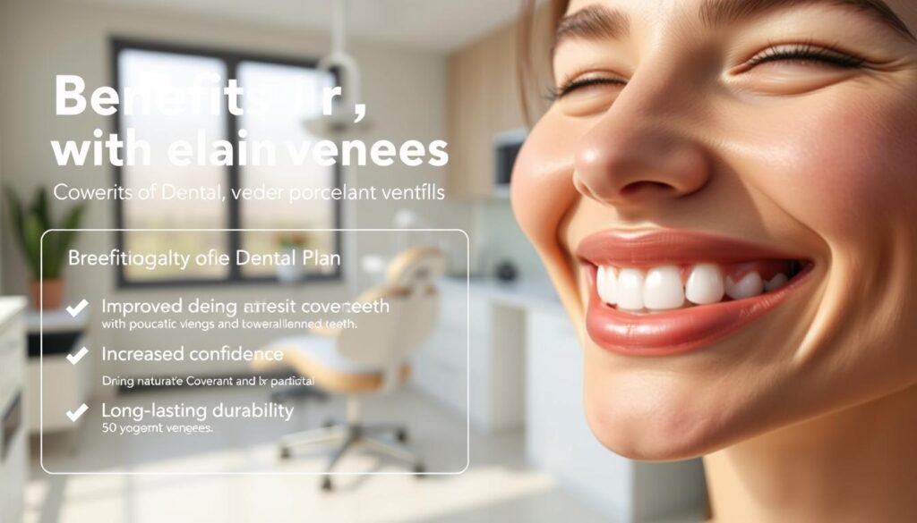 A high-quality photorealistic image of the benefits of a dental plan with coverage for porcelain veneers. The image should feature a clean, modern dental office setting with natural lighting and a calming atmosphere. In the foreground, display a close-up of a patient's smile, showcasing the natural-looking and evenly aligned teeth enhanced by porcelain veneers. In the middle ground, include an informative infographic highlighting the key benefits of the dental plan, such as improved aesthetics, increased confidence, and long-lasting durability. The background should depict a serene, minimalist environment with hints of dental equipment and tools to reinforce the medical setting. Utilize soft, muted colors and a slight depth of field to draw the viewer's attention to the focal points. Convey a sense of professionalism, trust, and the superior quality of the dental services.