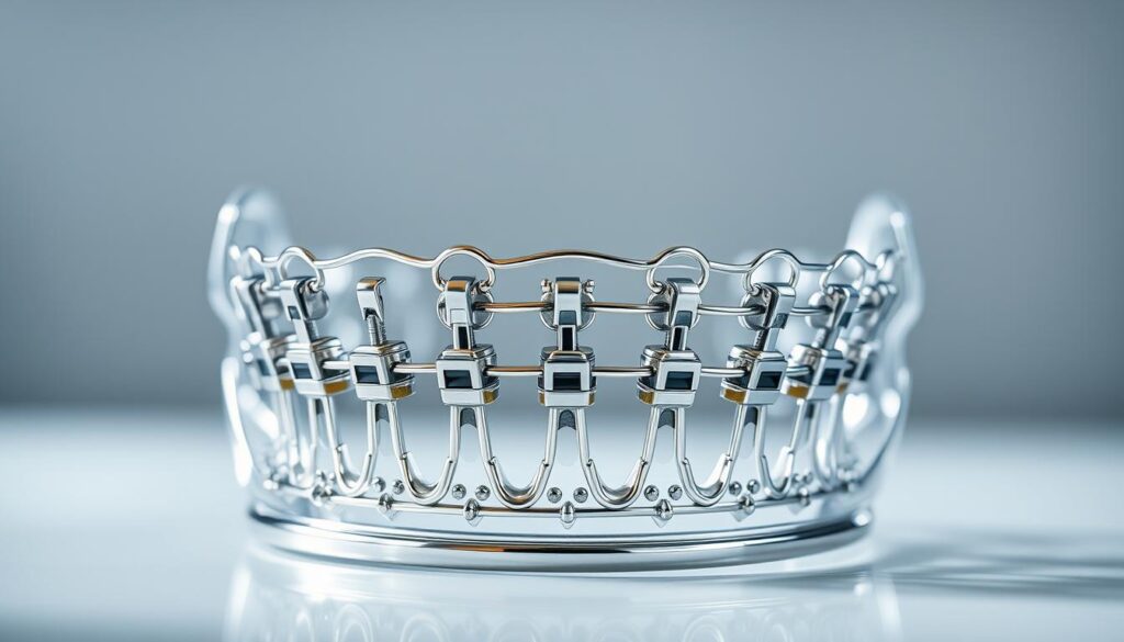 A metallic fixed dental appliance, meticulously crafted with intricate wire structures and smooth, shiny metal components. The foreground displays the appliance from multiple angles, showcasing its complex geometry and precise engineering. The middle ground provides a detailed view of the individual brackets, bands, and archwires that make up the device. The background is softly blurred, maintaining focus on the central subject and highlighting its technical sophistication. Bright, directional lighting accentuates the metallic luster and casts dramatic shadows, lending an air of precision and clinical authority to the image. The overall composition conveys the advanced, state-of-the-art nature of this fixed orthodontic appliance.