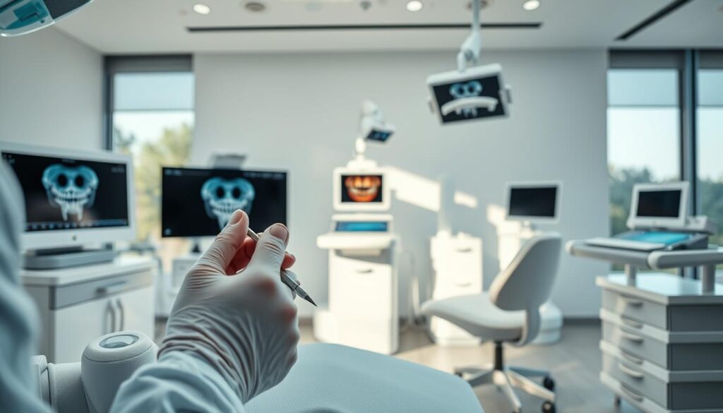 A modern dental clinic featuring cutting-edge aesthetic technology. In the foreground, a dentist's hands meticulously applying dental veneers using precision instruments. The middle ground showcases a range of sleek, state-of-the-art dental equipment, including a panoramic X-ray machine and a digital impression scanner. The background depicts a serene, minimalist interior design with natural lighting filtering through large windows, creating a calming atmosphere for patients. The overall scene conveys the integration of advanced technology and artistry in the field of aesthetic dentistry.