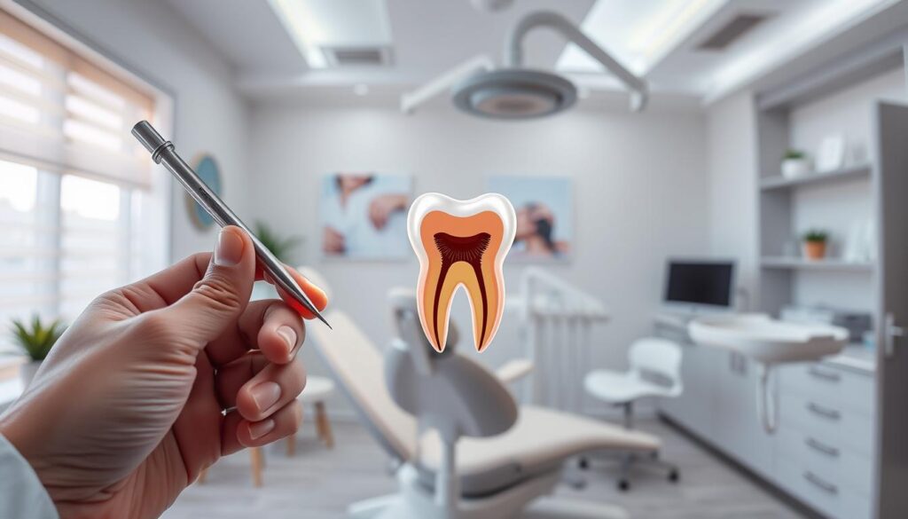 A modern dental clinic with a warm, calming atmosphere. In the foreground, a dentist's hand gently holding a dental instrument, conveying a sense of care and expertise. In the middle ground, a cutaway view of a tooth, revealing the intricate inner structure and the benefits of root canal treatment - preserving the natural tooth, relieving pain, and maintaining oral health. The background features soothing pastel colors, clean lines, and minimalist decor, creating an environment of trust and professionalism. Soft, diffused lighting illuminates the scene, highlighting the dentist's focus and the patient's well-being.