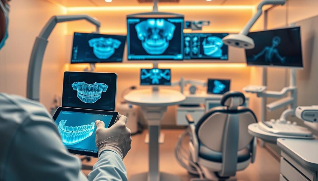 A modern dental clinic with state-of-the-art technology. In the foreground, a dentist uses a digital scanner to capture highly detailed 3D images of a patient's teeth. The middle ground features a panoramic x-ray machine and a computer monitor displaying a patient's dental records. In the background, gleaming surgical instruments and high-tech dental chairs convey a sense of clinical precision. Warm lighting creates a calming atmosphere, while the sleek, minimalist design exudes professionalism. The overall scene illustrates how advanced technology is revolutionizing the field of dentistry, enabling more accurate diagnoses, personalized treatment plans, and enhanced patient experiences.
