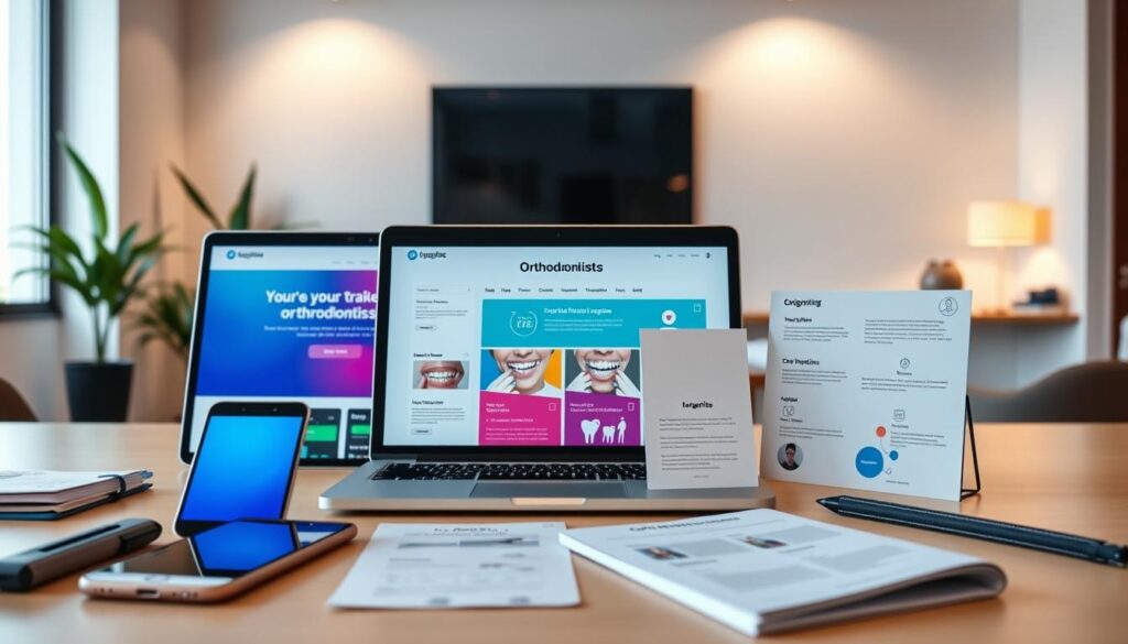 A modern digital marketing campaign for orthodontists, featuring a sleek laptop displaying a vibrant website, surrounded by professional tools and accessories. The foreground showcases a stylish smartphone, meticulously designed social media graphics, and targeted advertising materials. In the middle ground, a subtle yet impactful infographic highlights key orthodontic services and patient testimonials. The background depicts a minimalist office space with clean lines, warm lighting, and a sense of professionalism. This prompt aims to convey the power of digital marketing in elevating an orthodontic practice's online presence and patient engagement.
