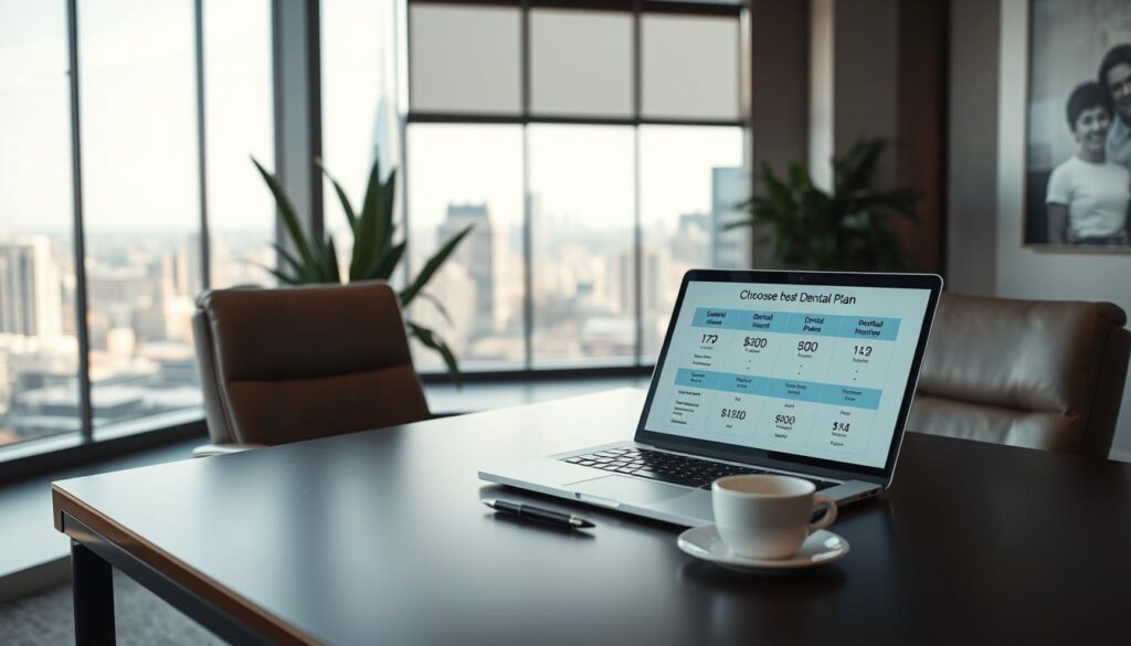 A modern office interior with a large desk, plush leather chair, and a potted plant in the foreground. On the desk, an open laptop displays a comparison of dental plan options, accompanied by a cup of coffee and a pen. In the background, a large window overlooks a bustling city skyline, bathed in soft, natural lighting. The overall scene conveys a sense of thoughtful consideration and informed decision-making, perfect for illustrating the process of choosing the best dental plan.
