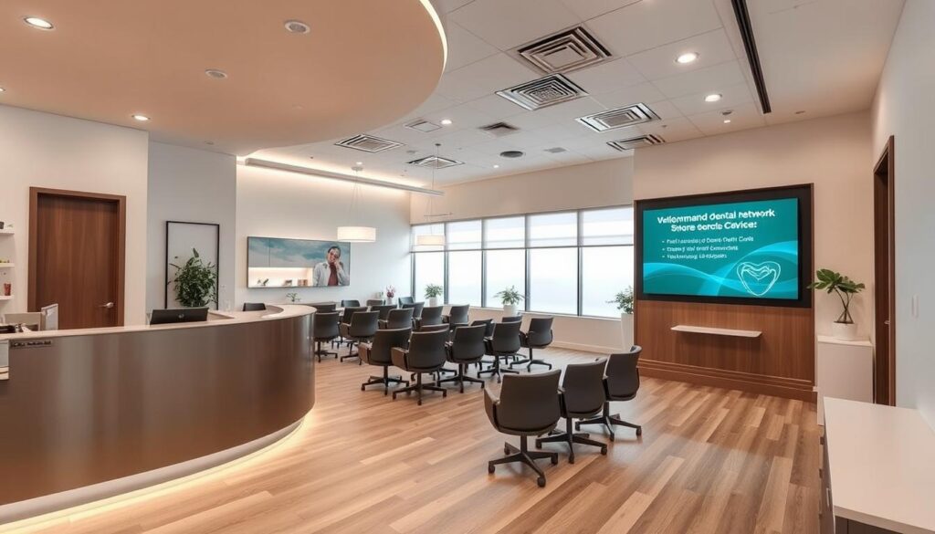 A modern, professional dental office interior with a warm, inviting atmosphere. In the foreground, an elegant reception desk with a sleek, minimalist design. In the middle ground, rows of comfortable chairs and a large screen displaying information about the dental network. The background features minimalist decor, clean white walls, and large windows allowing natural light to flood the space. The lighting is soft and indirect, creating a calming ambiance. The overall impression is one of high-quality, trustworthy dental care in a state-of-the-art facility.
