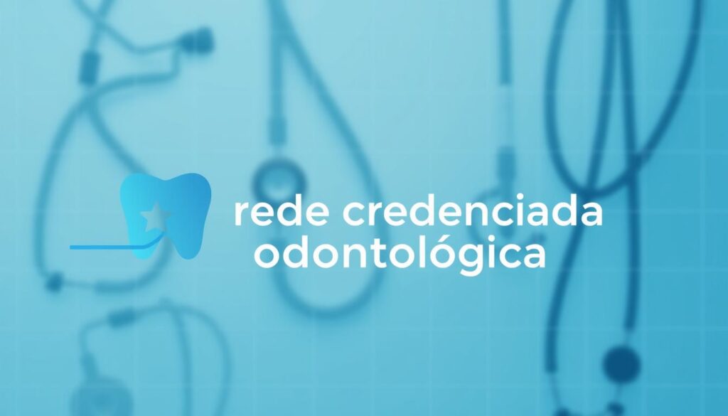 A modern, professional-looking dental healthcare plan logo. In the foreground, a clean, minimalist dental icon or symbol, possibly a tooth shape or dental cross, rendered in a cool, calming color palette of blues and grays. In the middle ground, the text "rede credenciada odontológica" displayed in a bold, geometric sans-serif font. The background features a soft, blurred medical or healthcare-related pattern, like a grid of stethoscopes or dental instruments, creating a sense of authority and trust. The overall composition should convey a sense of quality, reliability, and expertise in dental care services.