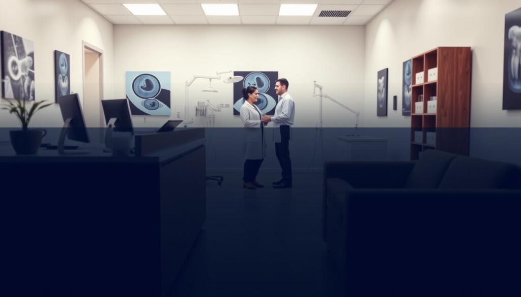 A modern, well-lit dental office with a reception desk and comfortable waiting area in the foreground. In the middle ground, a dentist and patient discuss treatment options, with a focus on dental insurance plans. The background features a clean, minimalist aesthetic with dental equipment and diagnostic imagery on the walls. The overall mood is professional, informative, and reassuring, conveying the importance of carefully selecting the right dental insurance plan to meet one's needs.
