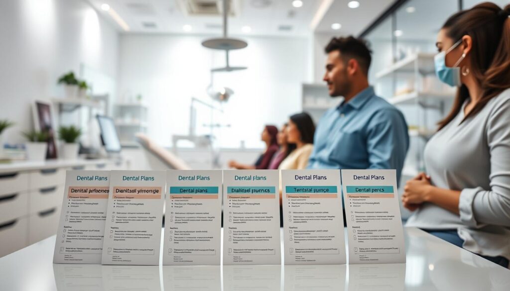A professional dental office setting, with a clean and modern aesthetic. In the foreground, various dental plans and insurance options are displayed on a sleek, minimalist table, showcasing the different coverage levels and benefits. The middle ground features a group of diverse patients, each discussing their dental plan options with a knowledgeable dentist. The background depicts a well-lit, airy clinic interior, with dental equipment and supplies visible, conveying a sense of high-quality care. The overall scene emphasizes the availability of comprehensive dental plans tailored to different needs and budgets, reflecting the article's focus on the variety of options in Brazil.