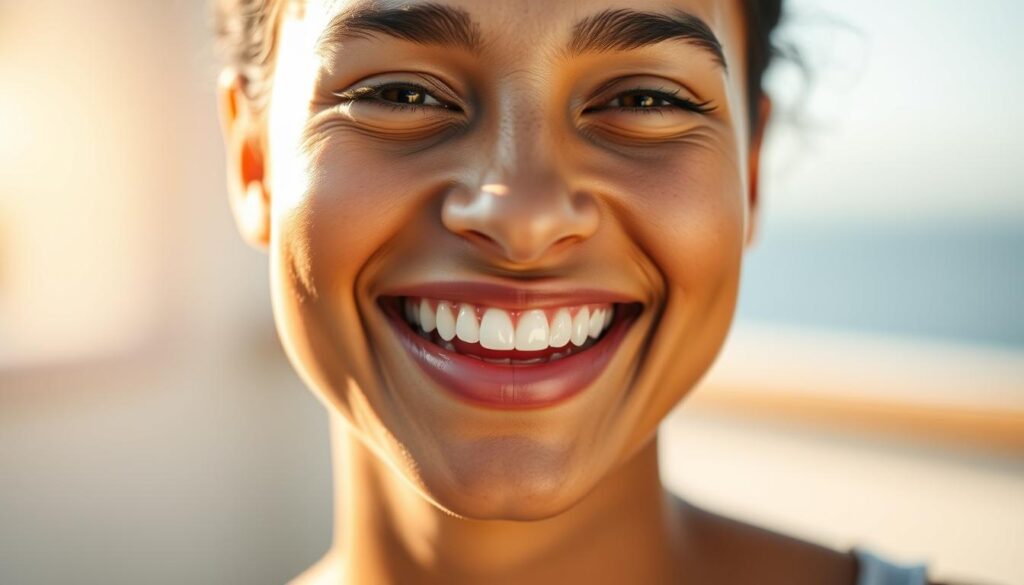 A serene, radiant smile beaming against a softly blurred backdrop, highlighting the transformative impact of aesthetic dentistry on a person's well-being. Warm, natural lighting accentuates the vibrant, healthy teeth and gums, conveying a sense of confidence and self-assurance. The composition emphasizes the subject's face, drawing the viewer's attention to the enhanced facial features and the luminous, picture-perfect smile. An aura of tranquility and inner contentment permeates the scene, reflecting the profound influence of aesthetic dentistry on the individual's quality of life.