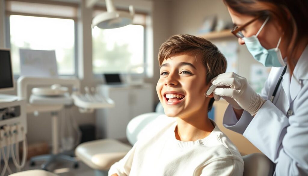 A serene, well-lit dental office interior with a focus on a young patient sitting in a dentist's chair. The patient, in the foreground, appears to be of an optimal age for orthodontic treatment, perhaps around 10-14 years old. The dentist, in a white coat, is examining the patient's teeth, conveying a sense of care and expertise. In the background, there are dental instruments, charts, and other medical equipment, suggesting a professional, clinical atmosphere. The lighting is soft and natural, creating a calming ambiance. The overall scene emphasizes the importance of seeking orthodontic treatment at the ideal age for optimal results.