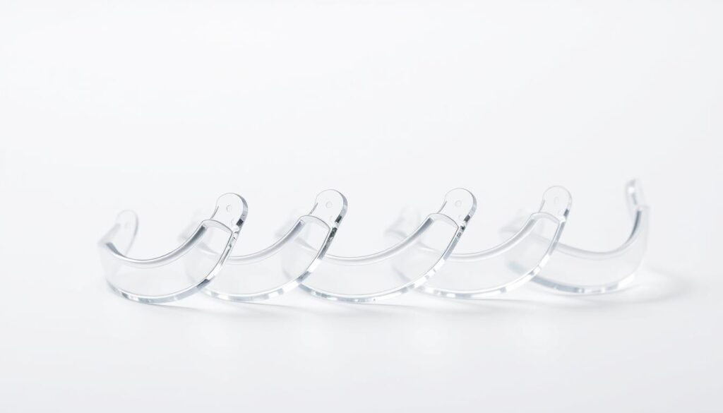 A series of transparent Invisalign aligners in various stages of treatment, positioned on a clean, white background. The aligners are illuminated from the side, creating a subtle, soft-focus effect that highlights their subtle gradients and contours. The arrangement showcases the progressive nature of the Invisalign treatment, with the aligners gradually shifting in shape and positioning to illustrate the step-by-step process of teeth straightening. The overall scene conveys a sense of technological precision, dental expertise, and the transformative power of the Invisalign system.