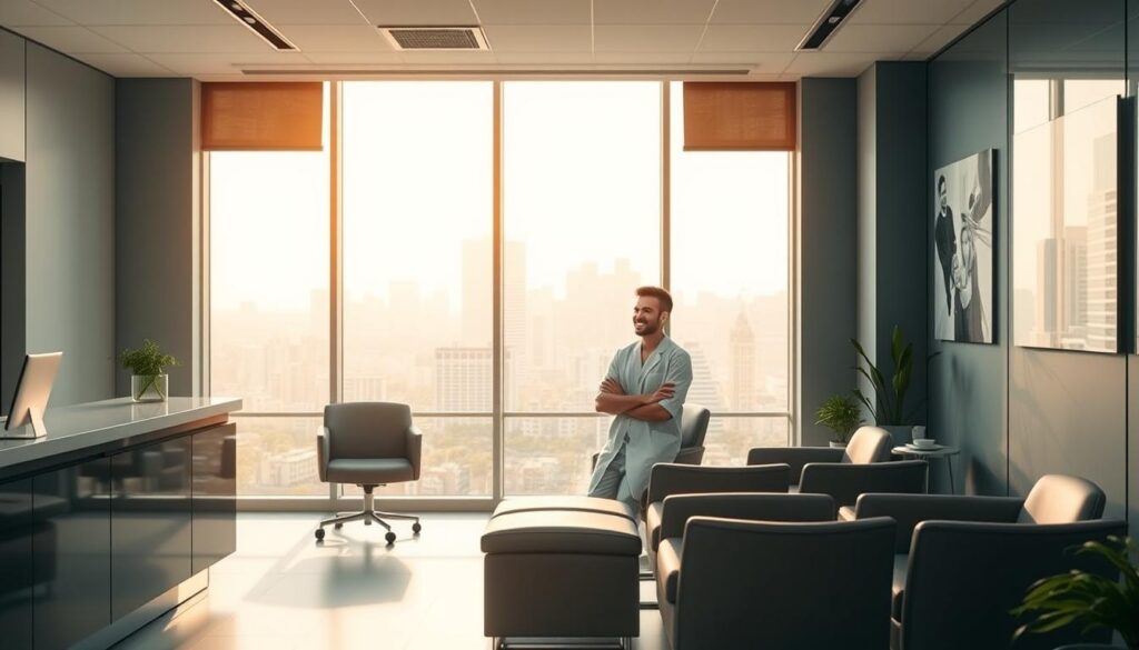A sleek, modern dental office interior with a reception desk and seating area in the foreground. In the middle ground, a smiling patient is speaking with a dentist, illustrating the concept of dental plan portability. The background features a large window overlooking an urban skyline, bathed in warm, natural lighting. The overall atmosphere conveys a sense of comfort, professionalism, and ease of transitioning between dental plans.