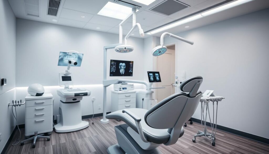 A sophisticated dental clinic interior, with advanced endodontic technology prominently displayed. The foreground features a sleek, state-of-the-art dental chair, surrounded by modern medical instruments and equipment. The middle ground showcases a 3D imaging system, digital radiography, and a microscope for precise root canal procedures. The background depicts a serene, calming atmosphere with subtle lighting, clean lines, and a neutral color palette that evokes professionalism and expertise. The overall scene conveys a sense of cutting-edge innovation and a dedication to providing the highest quality endodontic care.