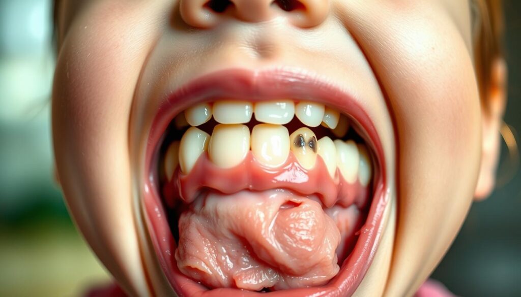 A vibrant, close-up scene of a child's open mouth, showcasing various common oral health issues. The foreground features an up-close view of the teeth, gums, and tongue, highlighting conditions like cavities, discoloration, and swelling. The middle ground shows the facial features of the child, with a concerned, slightly pained expression. The background is softly blurred, creating a gentle, clinical atmosphere. Warm, natural lighting illuminates the scene, casting subtle shadows that accentuate the textures and details of the mouth. The composition is balanced, drawing the viewer's attention to the key dental problems affecting the child.