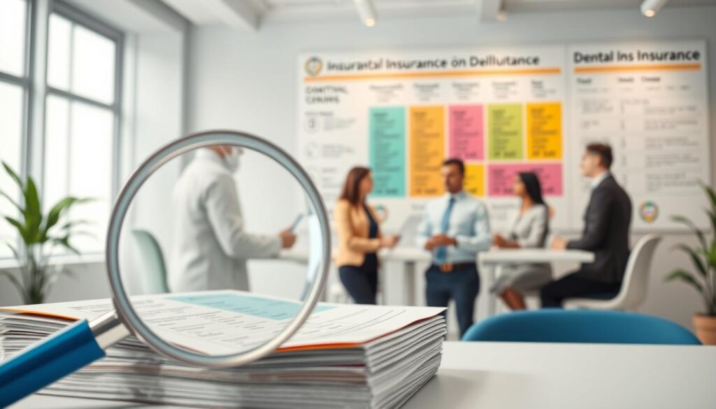 A vibrant, detailed illustration comparing different dental coverage plans. In the foreground, a magnifying glass hovers over a stack of colorful insurance cards, highlighting the key details of each plan. In the middle ground, a diverse group of people in a modern, well-lit office setting examines and discusses the plans. In the background, a large, informative infographic showcases the varying levels of coverage, costs, and benefits of the different dental insurance options. The scene conveys a sense of careful consideration and informed decision-making, with a crisp, professional aesthetic.