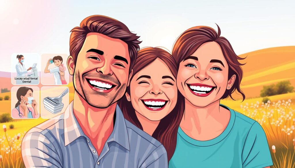 A vibrant illustration showcasing the benefits of a family dental plan. In the foreground, a happy family, smiling and embracing, their teeth gleaming with health. In the middle ground, a montage of dental services - check-ups, cleanings, and affordable treatments. The background is a serene, sun-dappled landscape, conveying a sense of well-being and security. Warm, soft lighting casts a gentle glow, highlighting the family's contentment and the plan's comprehensive coverage. The composition emphasizes the value of investing in family dental care, with a focus on preventative measures and accessible, quality services.